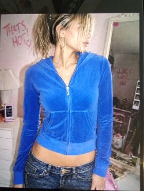 Juicy Couture Blue Velour Hoodie with Black Label Tag Y2k Inspired Womens M